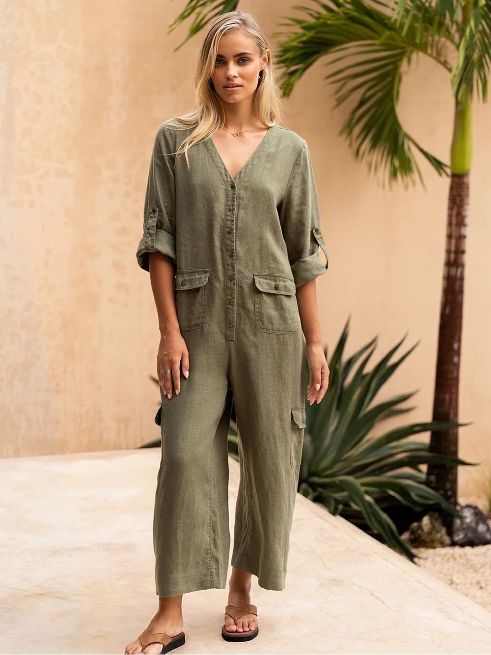 Nomad Mara French Linen Jumpsuit Olive Long-Sleeve NWT